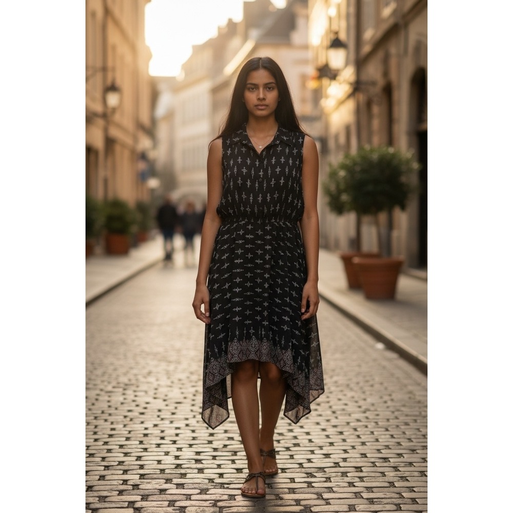 American Rag Dress Black Geometric Print Handkerchief Hem Small Boho western